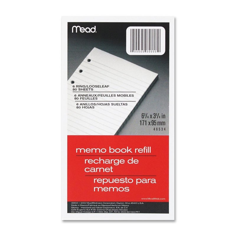 Mead 6-Ring Memo Book Refill, College Rule, 6HP, 6-3/4" x 3-3/4", 80 Sheets, White, 1 Pack (MEA46534-84926)